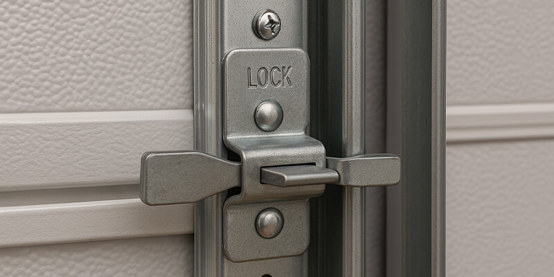 Secure manual slide lock engaged on the inside track of a residential garage door.