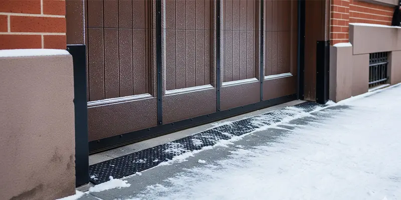 Brooklyn garage door in winter with fresh seals and light snow