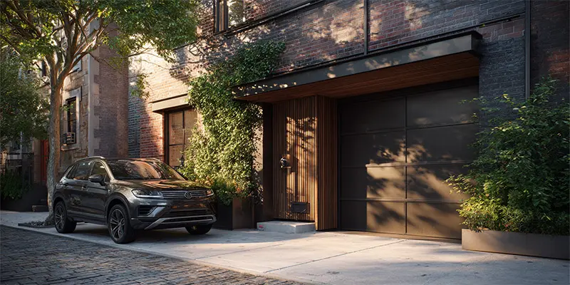 High lift garage door with jackshaft opener in a narrow Brooklyn driveway