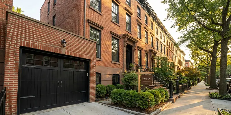 Renovated Brooklyn townhouse with a new carriage style garage door increasing curb appeal