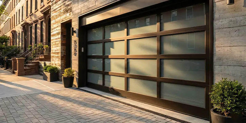 Modern glass and aluminum garage door on a renovated Brooklyn townhouse