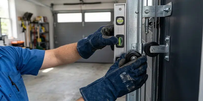 Technician performing garage door maintenance check on tracks and rollers in Brooklyn
