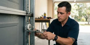 Technician adjusting a garage door roller and track to fix slow operation