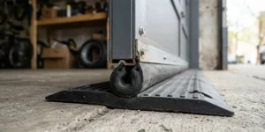 Heavy-duty bottom seal and rubber threshold ramp fixing an uneven garage floor