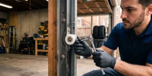 Technician inspecting a garage door roller on a track to fix a door stopping halfway