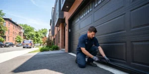 Technician checking garage door weatherstripping during a hot summer day in Brooklyn
