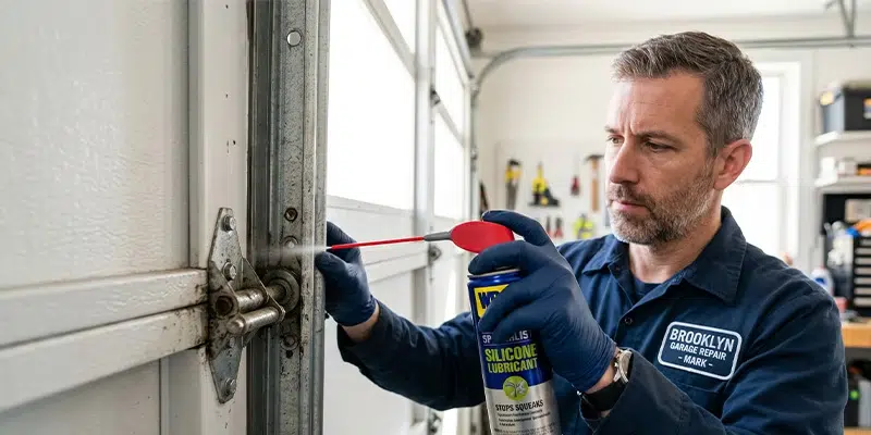 Technician applying silicone spray lubricant to quiet a noisy garage door hinge