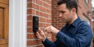 Technician installing a secure smart keypad for a garage door on a Brooklyn brick home