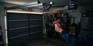 Hand pulling the red emergency release cord to manually open a garage door during a power outage